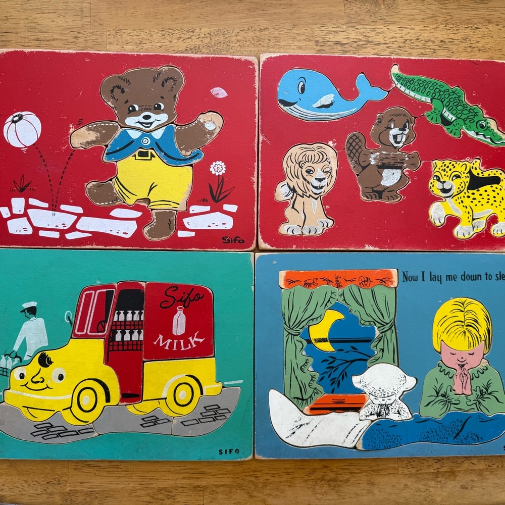 Vintage Sifo Wooden‎ Puzzles Lot of 4 Animals Praying Milk Man Bear